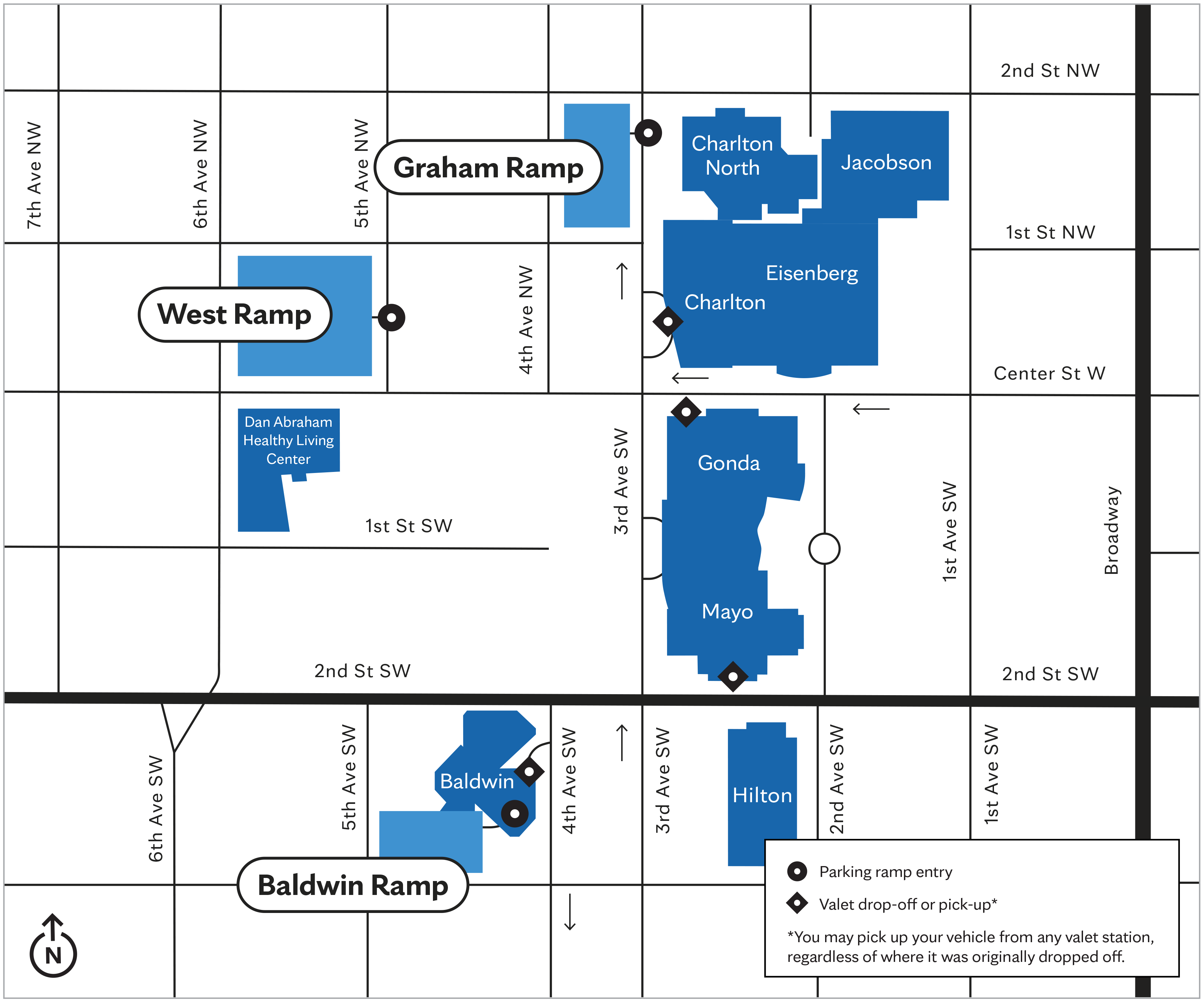 Valet parking map for Downtown Campus of Mayo Clinic in Rochester, Minnesota